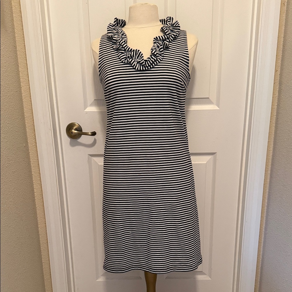 * Talbots Black & White Striped Ruffle Neck Midi Dress (sz - SP)